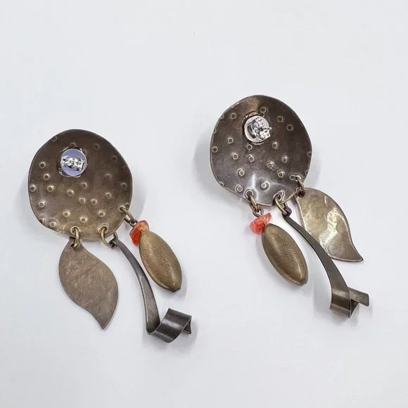 NWOT - Artisan BOHO Brass Tone Textured Metal Dangle Post Earrings - Picture 5 of 6